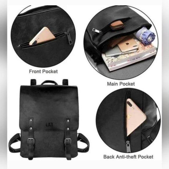 LXY Vegan Leather Backpack Vintage Black LAPTOP - Picture 5 of 16